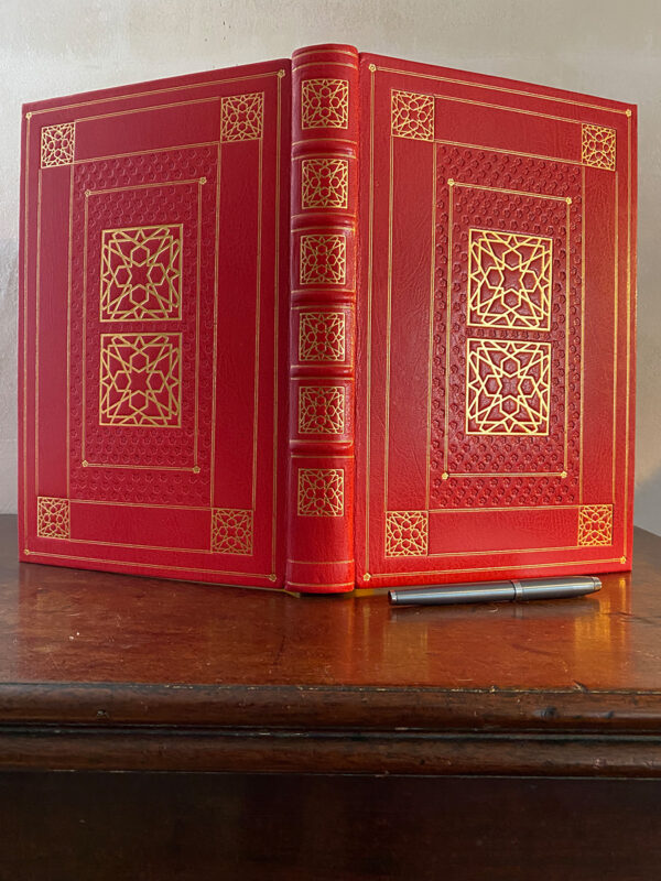 Large scarlet leather journal / writing book with decorative gold tooling
