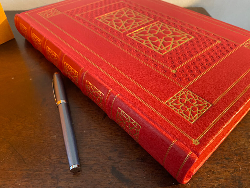 Large scarlet leather journal / writing book with decorative gold ...