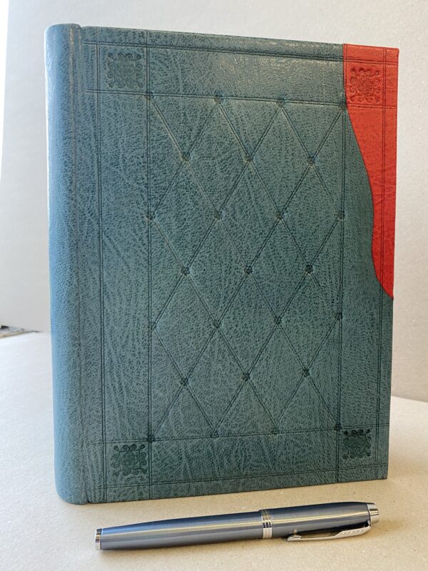 Teal Leather Journal With Decorative Blind Tooling & Scarlet Leather Accent